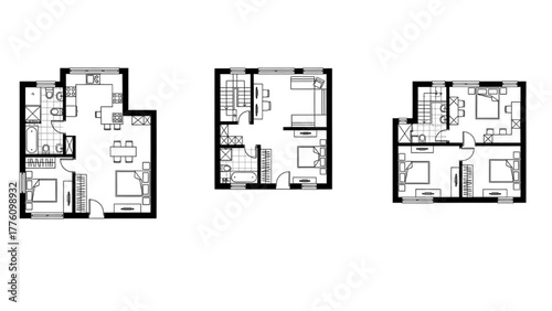 Set of three distinct house floor plans presented in a clean, black and white line drawing style, perfect for home design concepts and architectural visualization