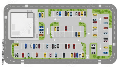 Detailed aerial view of a vibrant parking lot filled with various vehicles and greenery