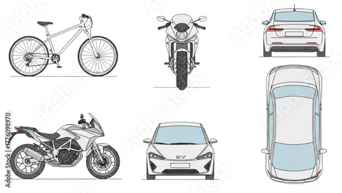 Vector Graphics Set of Common Vehicles Bicycle, Motorbike, Sedan, and Hatchback Car Designs from Front, Side, and Top Angles