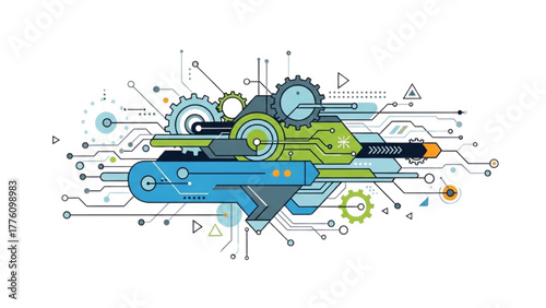 Abstract digital network structure with integrated gears and circuit elements representing advanced data processing and technological innovation