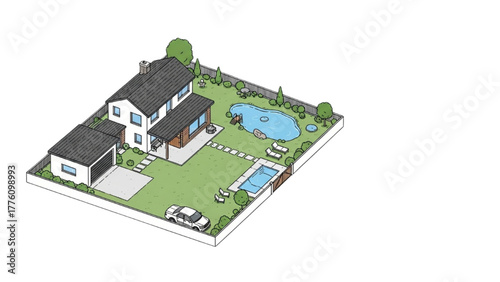 Isometric illustration of a modern house with a garden, pool, and garage on a white backdrop