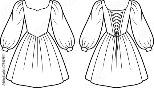 Sweetheart neckline long sleeve dress flat, corset lace up bodice, gathered skirt design, technical fashion illustration, sewing pattern template, apparel sketch
