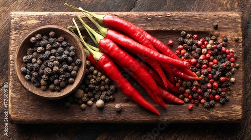 Fototapeta Naklejka Na Ścianę i Meble -  Fresh red chili peppers with assorted peppercorns on a wooden board for culinary inspiration and spice blend ideas in kitchen cooking environment