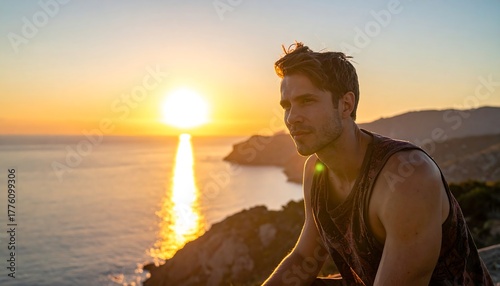 Man contemplates serene sunset by the sea, silhouetted coast in background, peaceful light