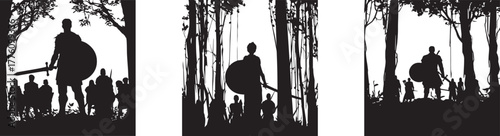 Black silhouette of a group of medieval warriors standing in the forest with swords and shields, symbolizing bravery, strength, ancient battle, adventure, history, fantasy war, and heroic spirit illus