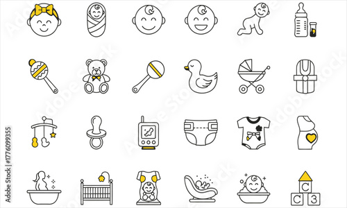 A collection of simple line icons for newborn babies, toddlers, and childcare essentials. Vector graphic elements for web and print