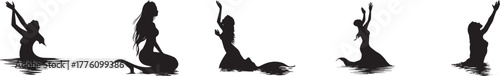 Black silhouette of a mermaid sitting on the ocean surface with raised arms, symbolizing fantasy, sea spirit, myth, beauty, freedom, mystery, ocean life, water art, and magical underwater world