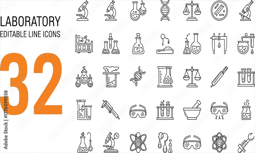 Naklejka premium Laboratory Icons 32 Editable Line Art Symbols for Science and Research