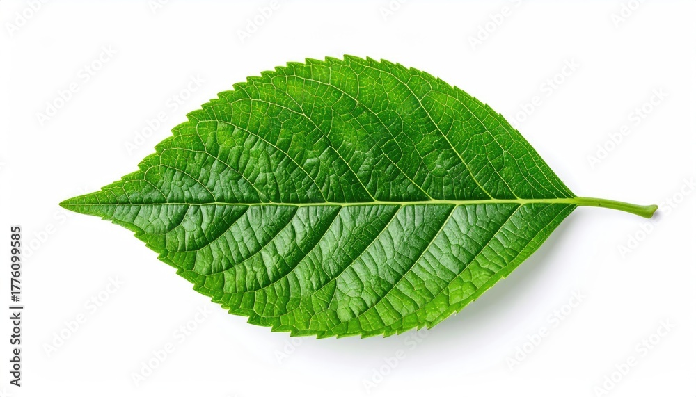 Obraz premium Vibrant Green Cherry Leaf With Intricate Veins Detailed Texture Against A Clean White Background With Soft Shadow Natural Beauty Of Flora
