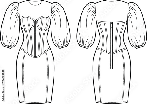 Technical fashion illustration, corset bodice dress, puff sleeve design, fitted skirt, front and back view, zipper closure, garment construction, sewing pattern
