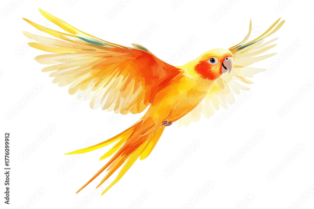 Fototapeta premium Bright yellow budgies flying together isolated on transparent background. Parakeet bird aratinga solstitialis flying isolated on white background.