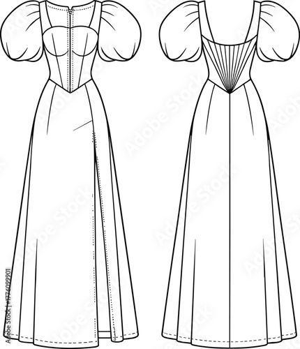 Technical fashion illustration, corset bodice dress, sweetheart neckline, puff short sleeves, high slit skirt, deep V back, zipper closure, garment constructionTechnical fashion illustration, corset 