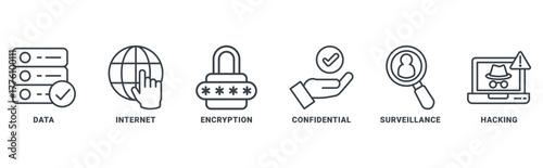 Privacy icon set vector concept with icon of data, internet, encryption, confidential, surveillance and hacking 