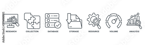 Big data icon set vector concept with icon of research, collection, database, storage, resources, volume and analysis 