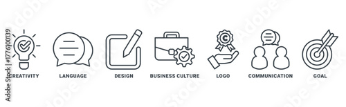 Corporate identity icon set vector concept with icon of creativity, language, design, business culture, logo, communication, goals 