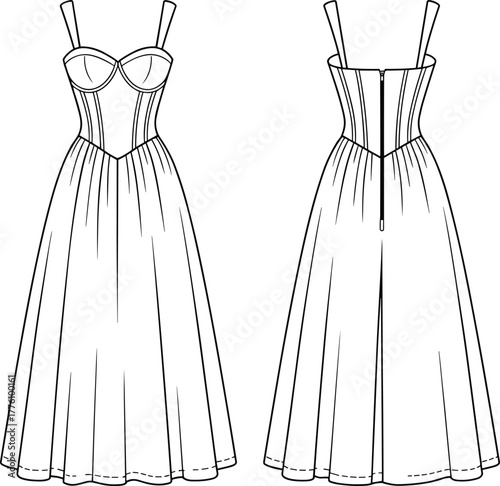 Technical fashion illustration, corset bodice dress, wide shoulder straps, structured seam lines, gathered full skirt, midi length, zipper closure, garment construction