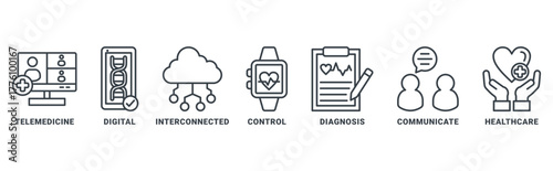 Digital health icon set vector concept with icon of e-health, telemedicine, interconnected, smartwatch, diagnosis, email, and medical app 