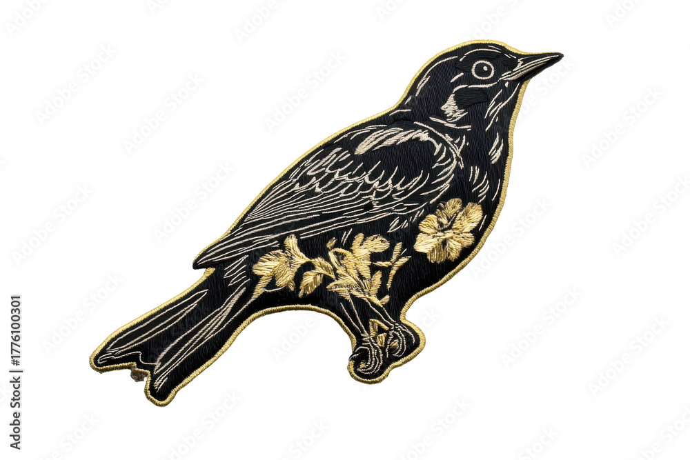 Obraz premium Detailed illustration of a bird with floral patterns isolated on transparent background. Black and gold patch with a bird isolated on white background.