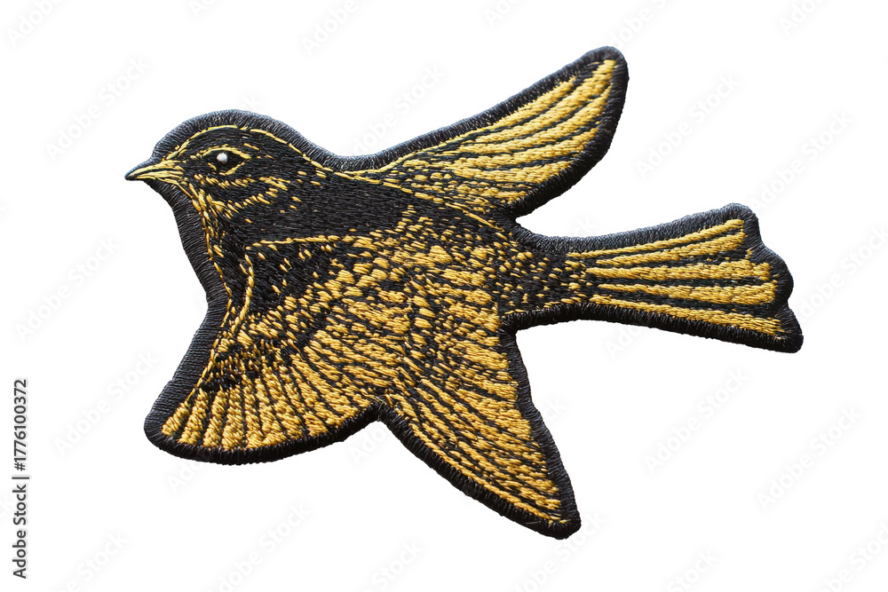 Obraz premium Detailed illustration of a bird with floral patterns isolated on transparent background. Black and gold patch with a bird isolated on white background.
