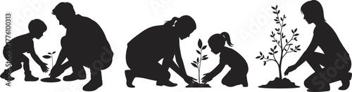 Tree planting silhouette vector, adult and child gardening, environmental care, Earth Day activity, nature conservation, eco education, family teamwork illustration
