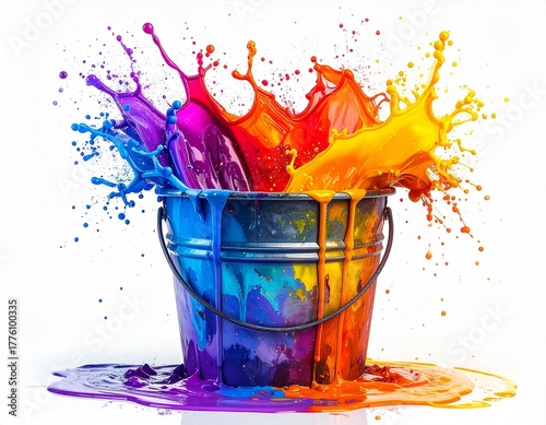 Overflowing bucket with a colorful splash of vibrant paint