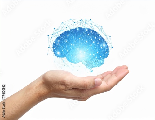 Palm holding a glowing digital brain network structure