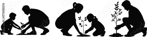 Tree planting, family teamwork, environmental care, children learning nature, sustainable future, eco-friendly lifestyle, 