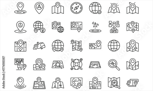Modern vector line icon set for location services, mapping, and navigation applications. Essential symbols for GPS, travel, geographic positioning, and destination tracking