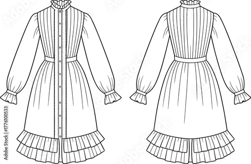 Victorian inspired dress, puff sleeve design, fashion flat sketch, technical garment illustration, pleated bodice detail, button front closure, ruffle hem artwork