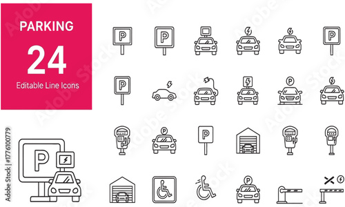 Comprehensive set of 24 editable line icons representing various parking solutions, vehicles, signs, meters, and access infrastructure for modern design projects