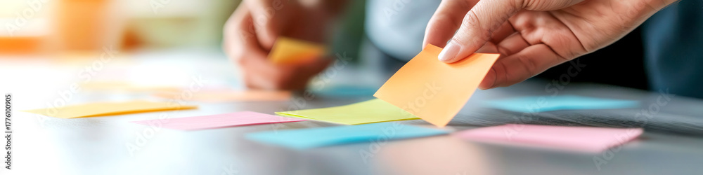 Obraz premium Creative team actively sharing ideas on sticky notes, symbolizing collaborative brainstorming and engagement