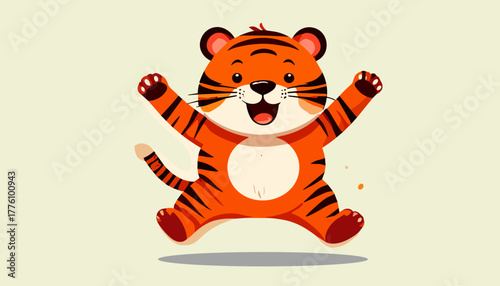 Happy tiger with raised hands cartoon