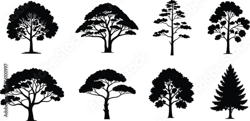 Tree silhouette vector set, forest elements, black botanical shapes, nature icons, landscape design assets, diverse tree forms for illustration, decoration, concept art