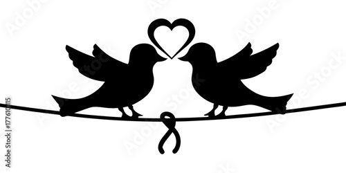 Romantic silhouette of two birds meeting with a heart above them on a wire, symbolizing love, perfect for weddings, Valentine's Day, and anniversaries