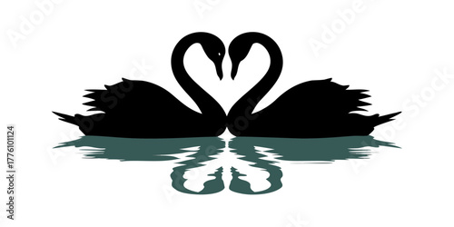 Graceful black swans mirroring each other, forming a heart shape in water reflections, symbolizing love, romance, and elegant beauty with a minimalist style