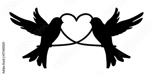 Elegant silhouette of two lovebirds perched on a branch forming a heart shape, perfect for wedding invitations, Valentine's Day designs, and romantic themes