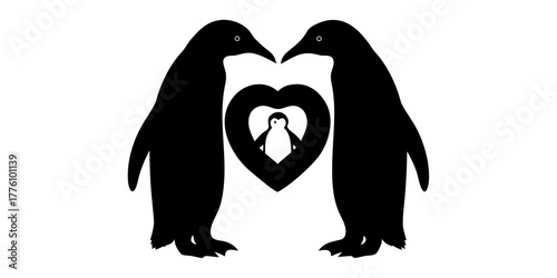 Adorable penguin family love, two adult penguins protecting their baby inside a heart shape, heartwarming wildlife scene, family love concept