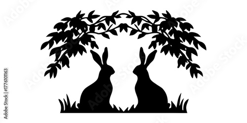 Charming silhouette of two rabbits beneath a leafy tree, evoking nature and whimsy. Perfect for springtime, Easter, or woodland themes, originally vector graphics