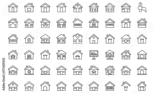A comprehensive collection of outline house icons, showcasing diverse architectural styles and residential building designs