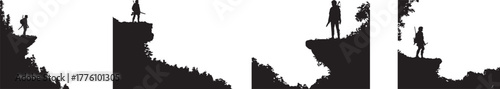 Black silhouette of a person standing alone on a cliff edge looking into the distance, symbolizing adventure, courage, solitude, freedom, exploration, challenge, determination, and mountain nature lan