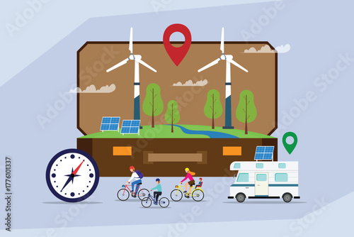 Sustainable Eco-Travel Concept with Green Energy and Low-Impact Transportation 2d flat vector illustrations