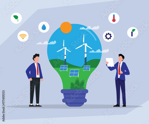 Sustainable Business Idea: Renewable Energy within a Light Bulb with Businessmen 2d flat vector illustrations