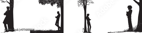 Black silhouette of a man and woman standing near a tree facing each other, representing love, distance, relationship, waiting, longing, emotional connection, nature, romance, and solitude illustratio