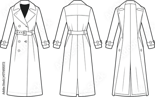Trench coat front, back, side view, fashion sketch, belted outerwear design, vector template, cad drawing flat vector illustration