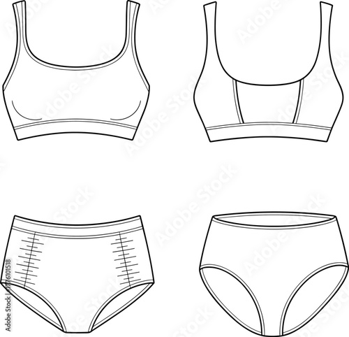 Women's bra and panty technical sketch, seamless and structured undergarments, CAD flat vector illustration, fashion design, garment construction details