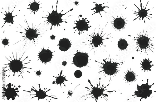 Ink splatter vector set, black paint blot collection, grunge texture elements, abstract drip stains, isolated splash marks, artistic design assets