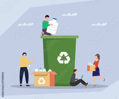 Team Recycling Plastic and Cardboard Waste. People Sorting Bottles and Boxes into a Large Green Recycling Bin for Environmental Protection 2d flat vector illustrations