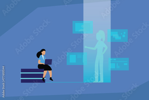 Future Technology and Holographic Interface. Woman Working on Laptop Interacting with Virtual Assistant and Data Projections in Augmented Reality 2d flat vector illustrations