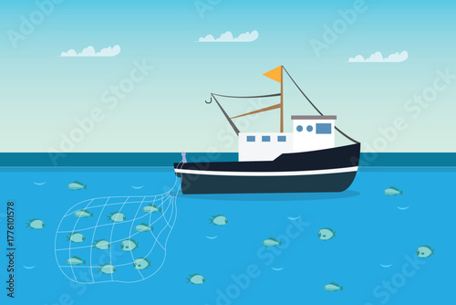 Commercial Fishing Boat Catching Fish with a Net on the Open Sea. Trawler Working to Harvest Seafood for Industry and Market 2d flat vector illustrations