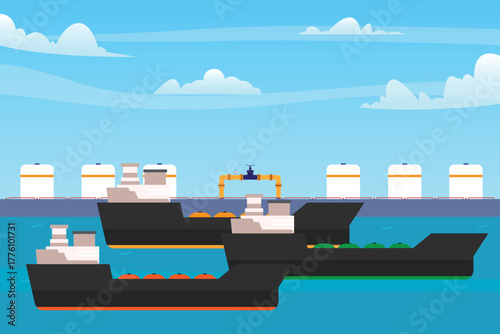 Oil and Gas Tanker Loading Terminal. Ships Docked at a Fuel Depot for Loading and Transport of Liquid Natural Gas or Petroleum 2d flat vector illustrations